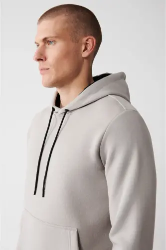 Erkek Taş Kapüşonlu 3 İplik Şardonlu Pamuklu Sweatshirt E001018 - Taş - 2
