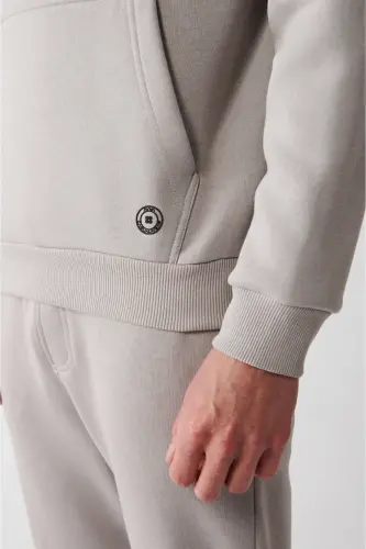 Erkek Taş Kapüşonlu 3 İplik Şardonlu Pamuklu Sweatshirt E001018 - Taş - 3