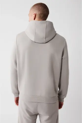 Erkek Taş Kapüşonlu 3 İplik Şardonlu Pamuklu Sweatshirt E001018 - Taş - 4