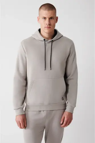 Erkek Taş Kapüşonlu 3 İplik Şardonlu Pamuklu Sweatshirt E001018 - Taş - 5