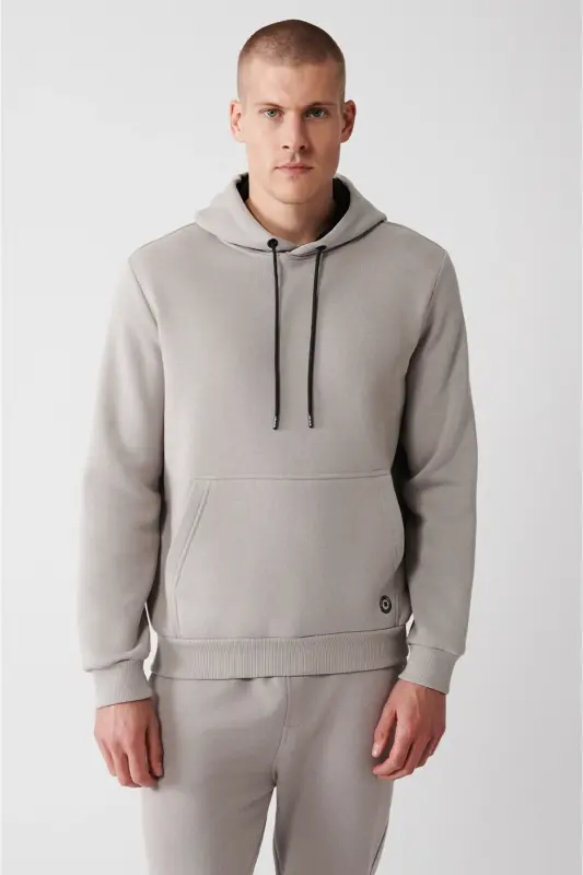 Erkek Taş Kapüşonlu 3 İplik Şardonlu Pamuklu Sweatshirt E001018 - Taş - 5