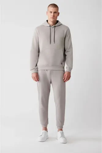 Erkek Taş Kapüşonlu 3 İplik Şardonlu Pamuklu Sweatshirt E001018 - Taş - 6