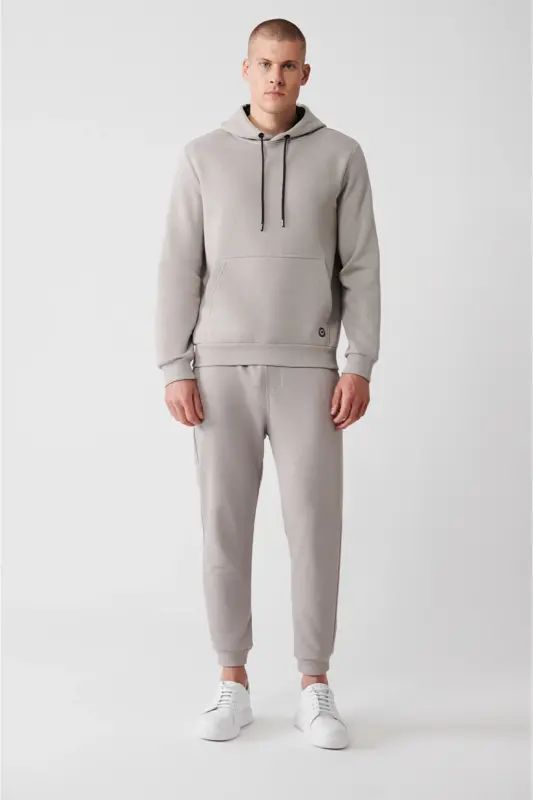 Erkek Taş Kapüşonlu 3 İplik Şardonlu Pamuklu Sweatshirt E001018 - Taş - 6