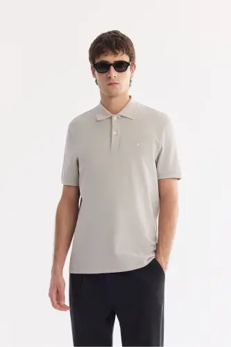 Erkek Taş Kıvrılmaz Polo Yaka %100 Pamuk Basic Regular Fit T-Shirt B001032 - Taş 