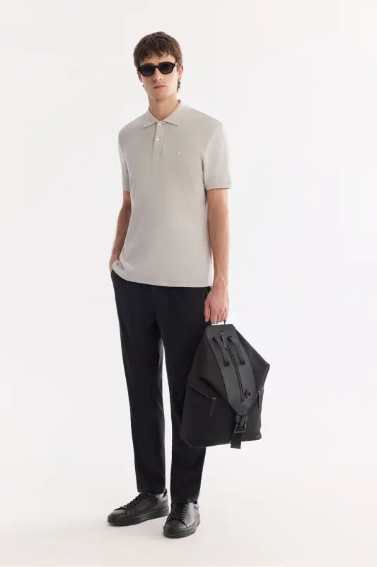 Erkek Taş Kıvrılmaz Polo Yaka %100 Pamuk Basic Regular Fit T-Shirt B001032 - Taş - 6