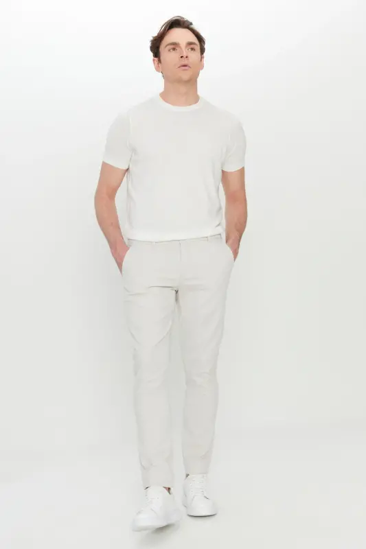 Erkek Taş Pamuklu Slim Fit Dar Kesim Yan Cep Esnek Casual Pantolon - Taş - 3