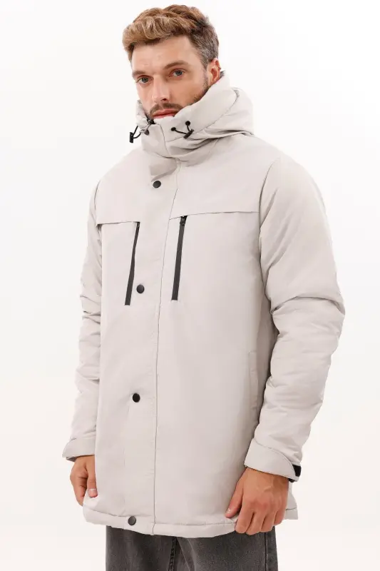 Erkek Taş Polarlı Kürklü Su Ve Rüzgar Geçirmez Kapüşonlu Kışlık Mont & Kaban & Parka - TAŞ - 1