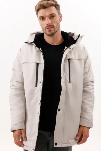 Erkek Taş Polarlı Kürklü Su Ve Rüzgar Geçirmez Kapüşonlu Kışlık Mont & Kaban & Parka - TAŞ - 3