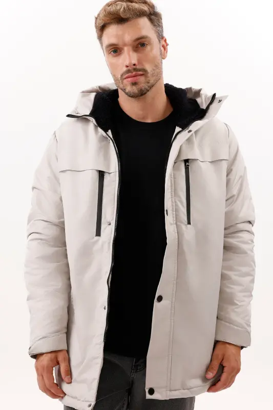 Erkek Taş Polarlı Kürklü Su Ve Rüzgar Geçirmez Kapüşonlu Kışlık Mont & Kaban & Parka - TAŞ - 3