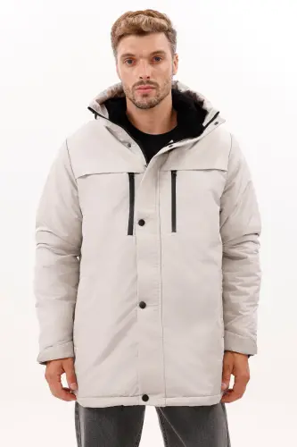 Erkek Taş Polarlı Kürklü Su Ve Rüzgar Geçirmez Kapüşonlu Kışlık Mont & Kaban & Parka - TAŞ - 4