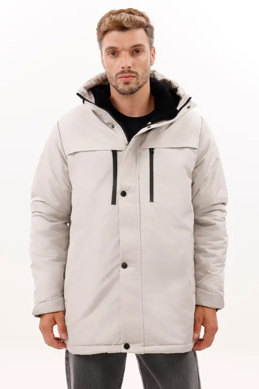 Erkek Taş Polarlı Kürklü Su Ve Rüzgar Geçirmez Kapüşonlu Kışlık Mont & Kaban & Parka - TAŞ - 4
