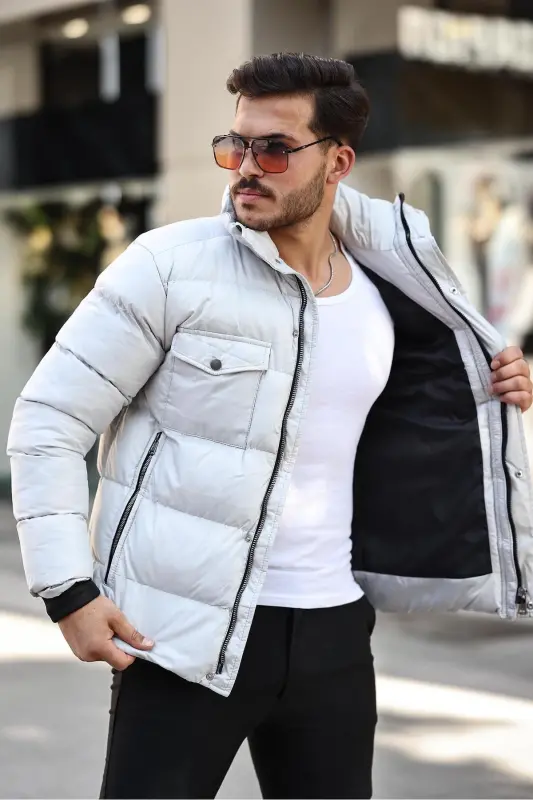 Erkek Taş Regular Fit Dik Yaka Su Ve Rüzgar Geçirmez Şişme Mont - TAŞ - 2