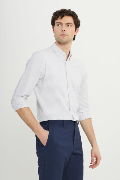 Erkek Taş Slim Fit Dar Kesim Düğmeli Yaka Armürlü Gofre Desenli Gömlek-Taş 