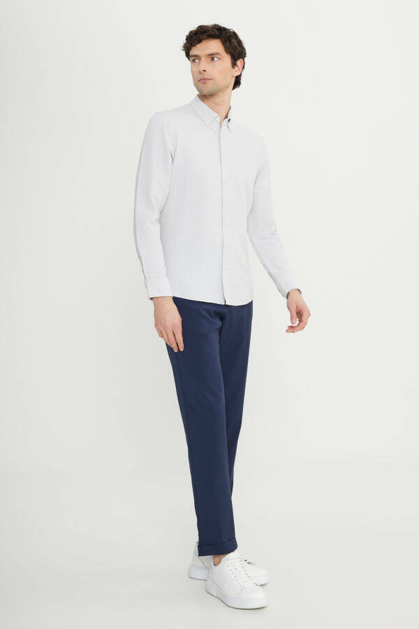 Erkek Taş Slim Fit Dar Kesim Düğmeli Yaka Armürlü Gofre Desenli Gömlek-Taş - 2