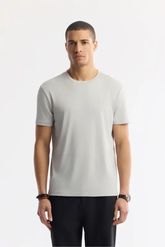 Erkek Taş Bisiklet Yaka Bi-Stretch Soft Touch Basic Regular Fit T-Shirt B001031 - Taş - 1