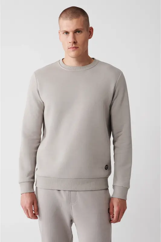 Erkek Taş Şardonlu Kumaş Bisiklet Yaka Basic Sweatshirt E001017-Taş - 5