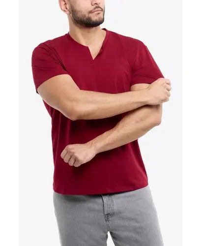 Erkek Temel V Yaka Kısa Kollu T-Shirt - Bordo - 3