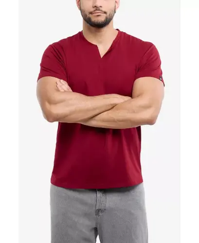 Erkek Temel V Yaka Kısa Kollu T-Shirt - Bordo - 5