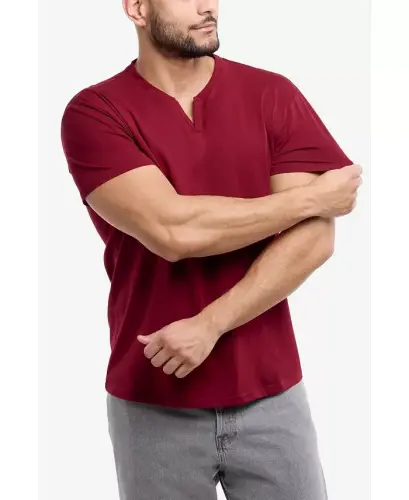 Erkek Temel V Yaka Kısa Kollu T-Shirt - Kızılcık - 3