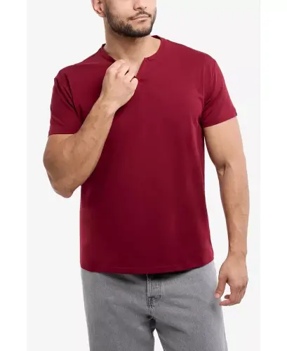 Erkek Temel V Yaka Kısa Kollu T-Shirt - Kızılcık - 4