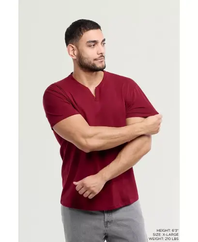 Erkek Temel V Yaka Kısa Kollu T-Shirt - Kızılcık - 5