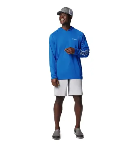 Men's Terminal Tackle UPF 50 Hoodie-Vivid Blue, Cool Grey Logo 