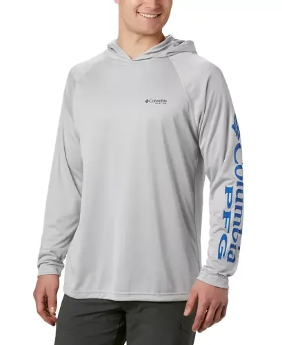 Men's Terminal Tackle UPF 50 Hoodie - Cool Grey, Vivid Blue Logo 
