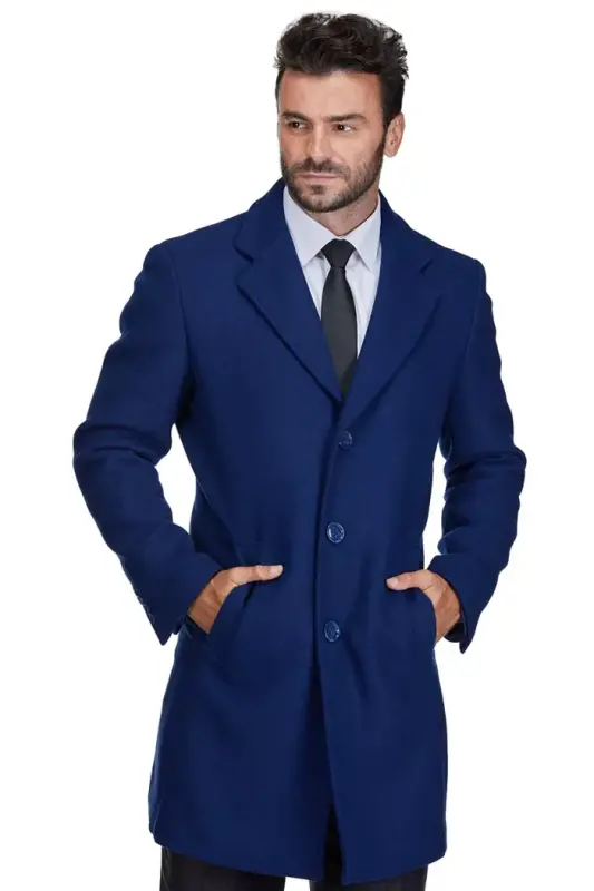 Men's Tailored Wool Blend Notch Collar Wool Blend Walker Car Coat - Indigo - 1