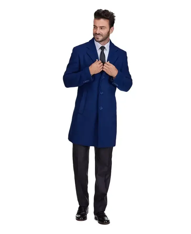 Men's Tailored Wool Blend Notch Collar Wool Blend Walker Car Coat-Indigo - 3