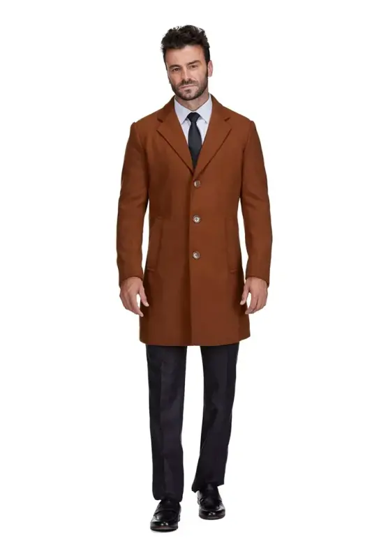 Men's Tailored Wool Blend Notch Collar Wool Blend Walker Car Coat-Caramel - 1