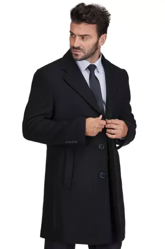 Men's Tailored Wool Blend Notch Collar Wool Blend Walker Car Coat-Black - BRAVEMAN (1)