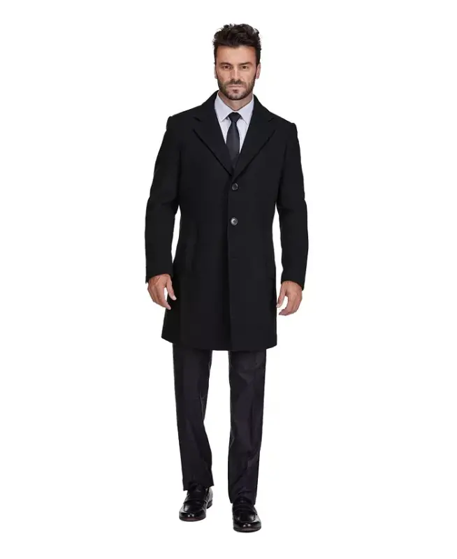 Men's Tailored Wool Blend Notch Collar Wool Blend Walker Car Coat - Black - 3
