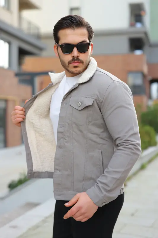 Erkek Trend Kışlık Içi Kürklü Gri Kot Ceket-A.Taş - 1