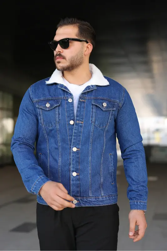 Erkek Trend Kışlık Içi Kürklü K.Mavi Kot Ceket-Koyu - 2