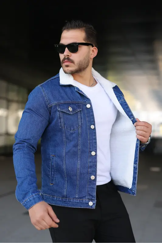 Erkek Trend Kışlık Içi Kürklü K.Mavi Kot Ceket - Koyu - 5
