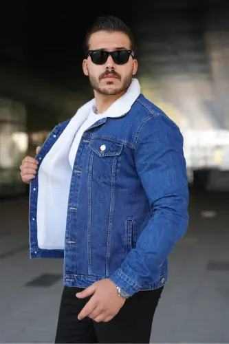 Erkek Trend Kışlık Içi Kürklü K.Mavi Kot Ceket - Koyu - 7