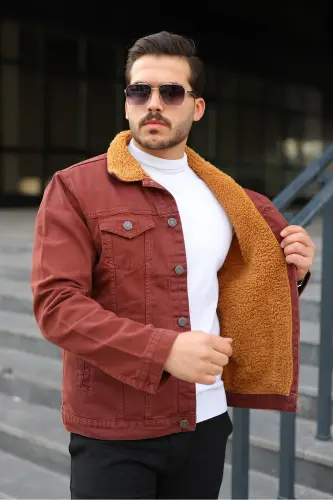 Erkek Trend Kışlık Içi Kürklü Kot Ceket - K.Kiremit 