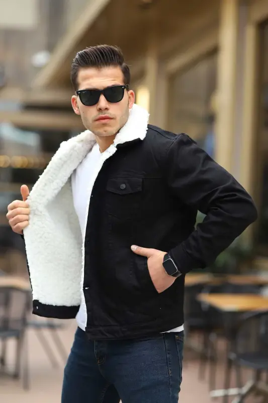 Erkek Trend Kışlık Içi Kürklü Kot Ceket Siyah - SİYAH - 7