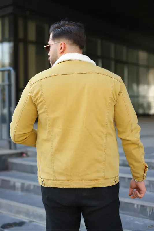 Erkek Trend Kışlık Içi Kürklü Sarı Kot Ceket-Sarı - 4