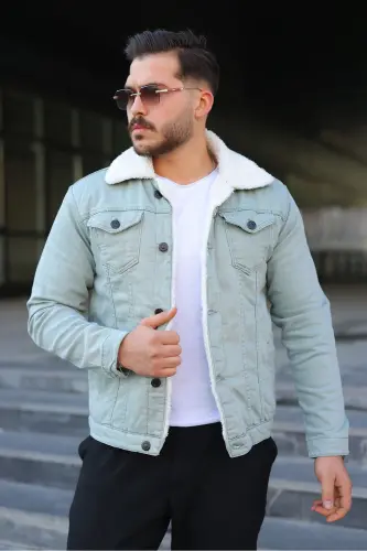 Erkek Trend Kışlık Içi Kürklü S.Yeşil Kot Ceket-SU YEŞİLİ - 3