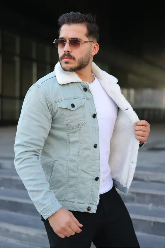 Erkek Trend Kışlık Içi Kürklü S.Yeşil Kot Ceket-SU YEŞİLİ - 2