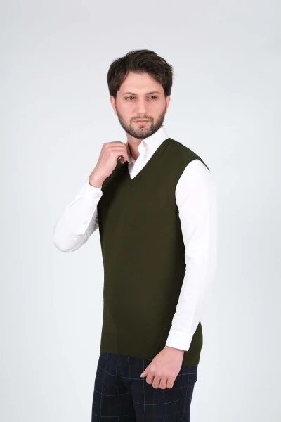 Erkek Triko Süveter V Yaka Haki Renk Bel Lastikli Kışlık Dokuma Regular Kalıp-Haki - Modazone (1)