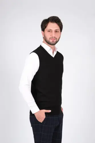 Erkek Triko Süveter V Yaka Siyah Renk Kışlık Dokuma Regular Kalıp-Siyah - ÇIZGI TRIKO (1)