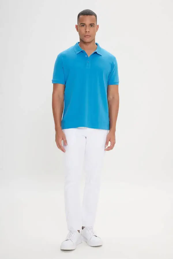 Erkek Turkuaz %100 Pamuk Kıvrılmaz Pike Polo Yaka Slim Fit Dar Kesim Tişört-Turkuaz - 5