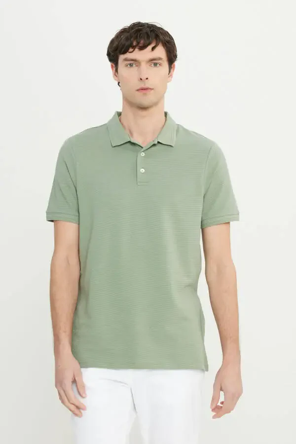 Erkek Su Yeşili Pamuklu Slim Fit Dar Kesim Polo Yaka Jakarlı Esnek Tişört-Su Yeşil - 1