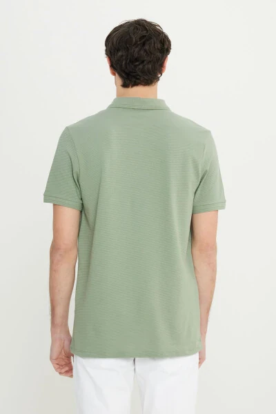 Erkek Su Yeşili Pamuklu Slim Fit Dar Kesim Polo Yaka Jakarlı Esnek Tişört-Su Yeşil - 5