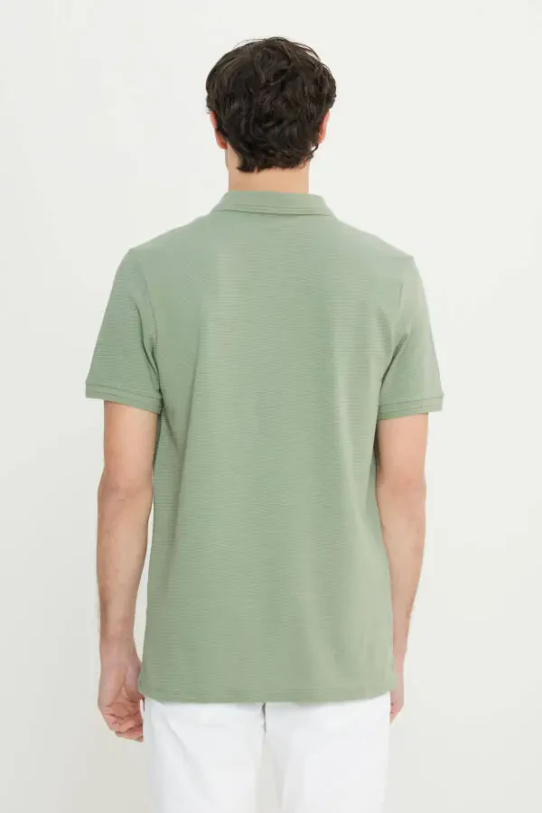 Erkek Su Yeşili Pamuklu Slim Fit Dar Kesim Polo Yaka Jakarlı Esnek Tişört-Su Yeşil - 5