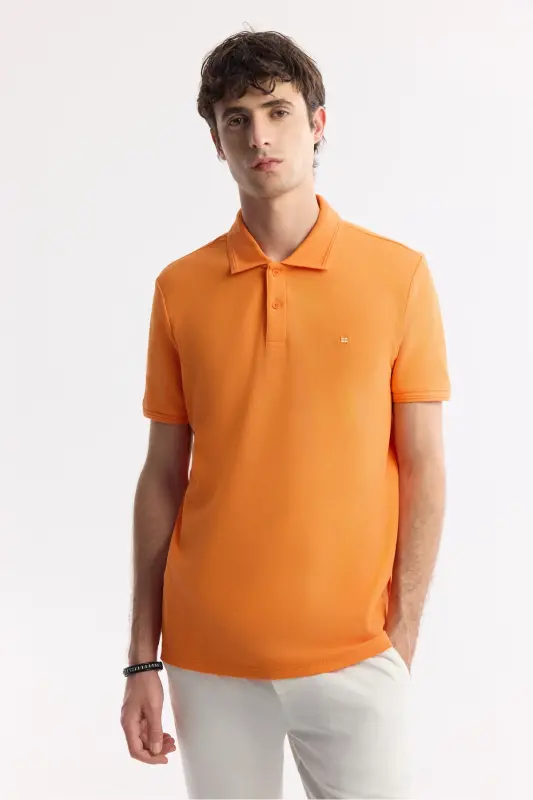 Erkek Turuncu Kıvrılmaz Polo Yaka %100 Pamuk Basic Regular Fit T-Shirt B001032-Turuncu - 6
