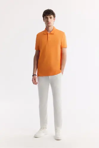 Erkek Turuncu Kıvrılmaz Polo Yaka %100 Pamuk Basic Regular Fit T-Shirt B001032-Turuncu - 7