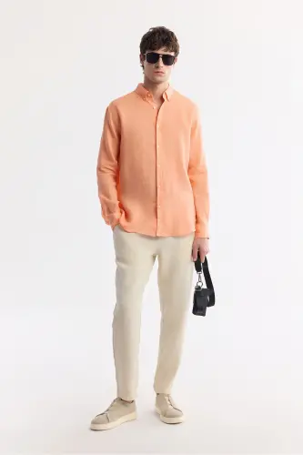 Erkek Turuncu Düğmeli Yaka %100 Keten Comfort Fit Gömlek B002191-Turuncu - 8